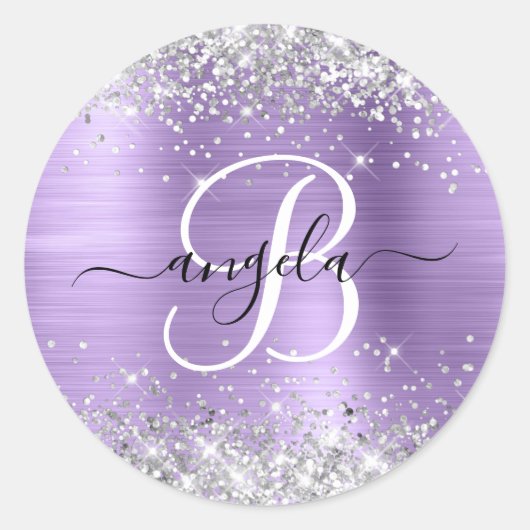 Zilveren Glitter Licht Paarse Folie Elegant Monogr Ronde Sticker (Voorkant)