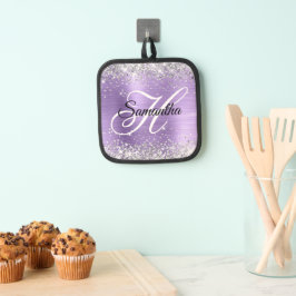 Zilveren Glitter Licht Paarse Folie Fancy Monogram Pannenlap