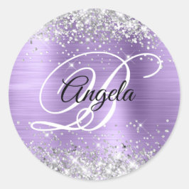 Zilveren Glitter Licht Paarse Folie Fancy Monogram Ronde Sticker
