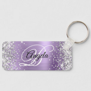 Zilveren Glitter Licht Paarse Folie Fancy Monogram Sleutelhanger