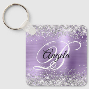 Zilveren Glitter Licht Paarse Folie Fancy Monogram Sleutelhanger