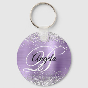 Zilveren Glitter Licht Paarse Folie Fancy Monogram Sleutelhanger