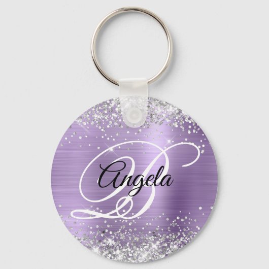 Zilveren Glitter Licht Paarse Folie Fancy Monogram Sleutelhanger (Voorkant)