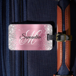 Zilveren Glitter Licht Roze Folie Fancy Monogram Bagagelabel