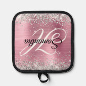 Zilveren Glitter Licht Roze Folie Fancy Monogram Pannenlap (Voorkant)