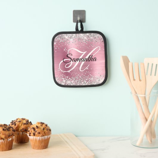 Zilveren Glitter Licht Roze Folie Fancy Monogram Pannenlap (Insitu(Ophanging))