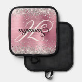 Zilveren Glitter Licht Roze Folie Fancy Monogram Pannenlap (Voorkant / Achterkant)