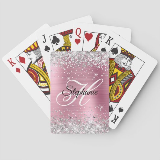 Zilveren Glitter Licht Roze Folie Fancy Monogram Pokerkaarten (Achterkant)