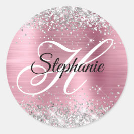 Zilveren Glitter Licht Roze Folie Fancy Monogram Ronde Sticker