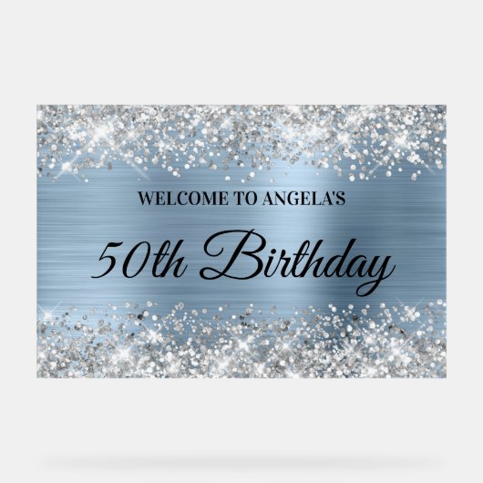 Zilveren Glitter Lichtblauw 50ste Verjaardag Welko Acryl Bord (Voorkant)