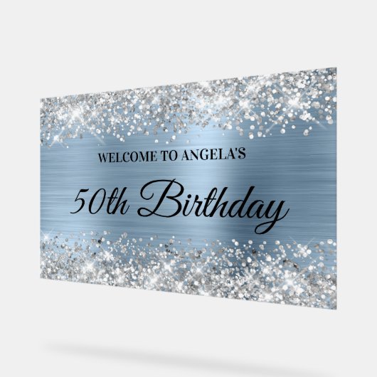 Zilveren Glitter Lichtblauw 50ste Verjaardag Welko Acryl Bord (Hoek)