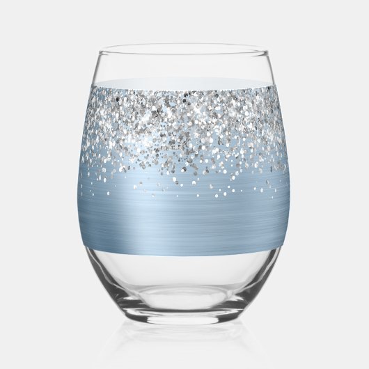 Zilveren Glitter Lichtblauw Glam Naam Wijnglas Zonder Voet (Achterkant)