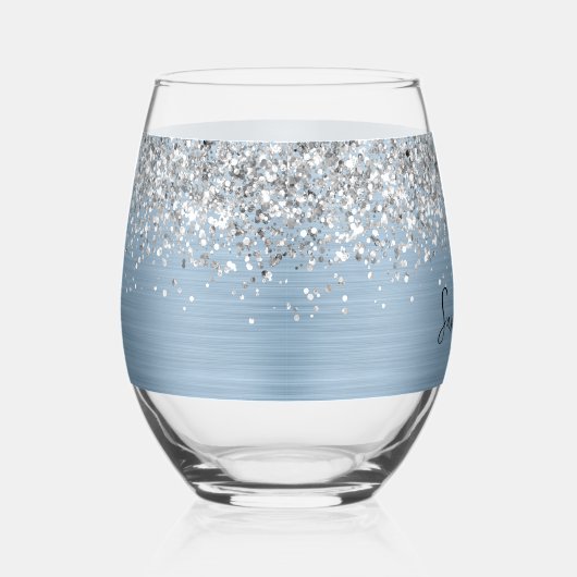Zilveren Glitter Lichtblauw Glam Naam Wijnglas Zonder Voet (Rechts)