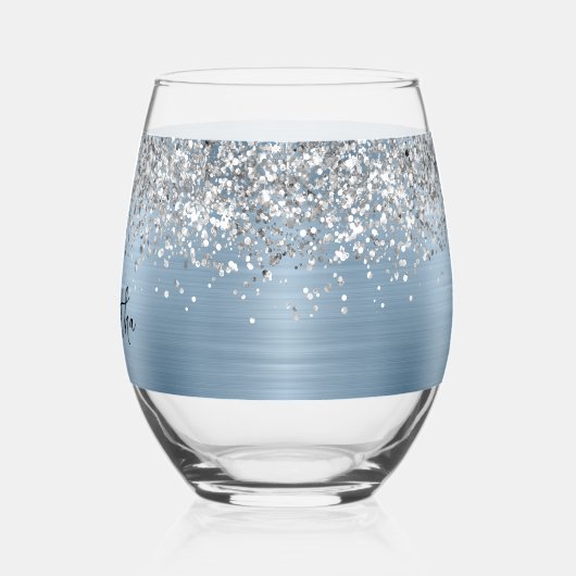 Zilveren Glitter Lichtblauw Glam Naam Wijnglas Zonder Voet (Links)