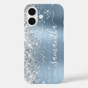 Zilveren Glitter Lichtblauw Metallic Girly Signatu iPhone 16 Hoesje