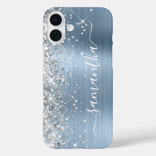 Zilveren Glitter Lichtblauw Metallic Girly Signatu Case-Mate iPhone Case (Achterkant)