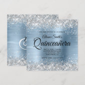 Zilveren Glitter Lichtblauw Monogram Quinceanera Kaart (Voorkant / Achterkant)