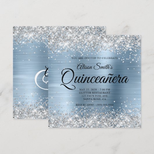 Zilveren Glitter Lichtblauw Monogram Quinceanera Kaart (Voorkant / Achterkant)