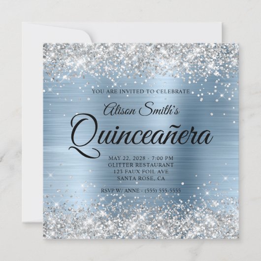 Zilveren Glitter Lichtblauw Monogram Quinceanera Kaart (Voorkant)
