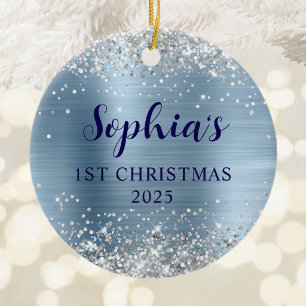 Zilveren Glitter Lichtblauwe Folie 1e Kerst Foto Keramisch Ornament