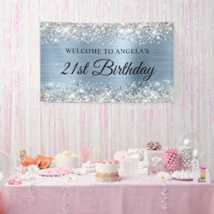 Zilveren Glitter Lichtblauwe Folie 21e Verjaardag Spandoek