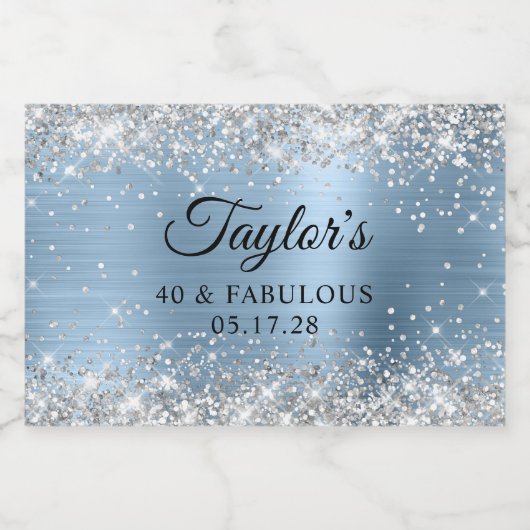 Zilveren Glitter Lichtblauwe Folie 40 & Fabulous Sparkling Wijnetiket (Enkel label)