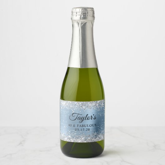 Zilveren Glitter Lichtblauwe Folie 40 & Fabulous Sparkling Wijnetiket (Voorkant)