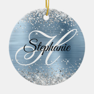 Zilveren Glitter Lichtblauwe Folie Fancy Monogram Keramisch Ornament