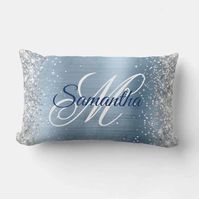 Zilveren Glitter Lichtblauwe Folie Fancy Monogram Kussen (Voorkant)