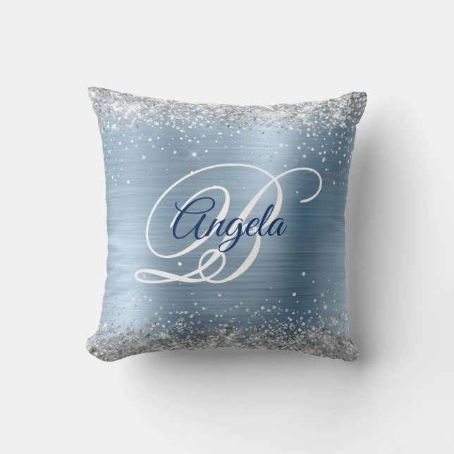 Zilveren Glitter Lichtblauwe Folie Fancy Monogram Kussen (Voorkant)