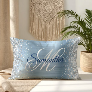 Zilveren Glitter Lichtblauwe Folie Fancy Monogram Kussen