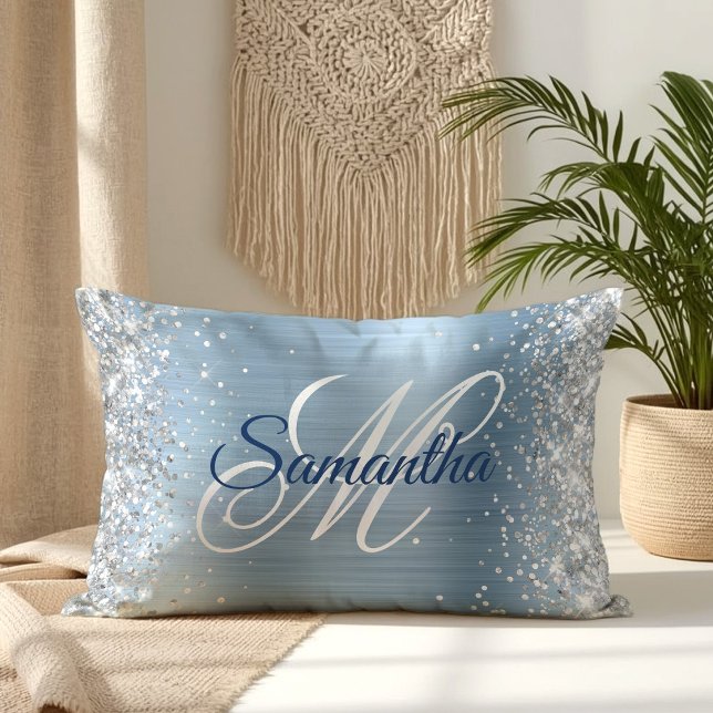 Zilveren Glitter Lichtblauwe Folie Fancy Monogram Kussen (Silver Glitter Light Blue Foil Fancy Monogram Lumbar Pillow)