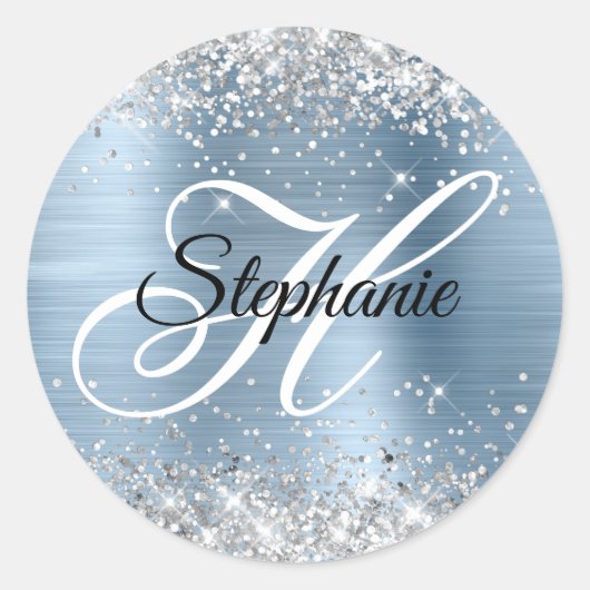 Zilveren Glitter Lichtblauwe Folie Fancy Monogram Ronde Sticker (Voorkant)