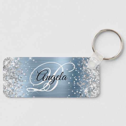 Zilveren Glitter Lichtblauwe Folie Fancy Monogram Sleutelhanger (Voorkant)