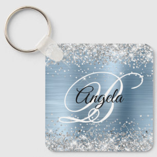 Zilveren Glitter Lichtblauwe Folie Fancy Monogram Sleutelhanger