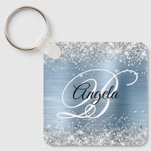 Zilveren Glitter Lichtblauwe Folie Fancy Monogram Sleutelhanger (Voorkant)