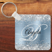 Zilveren Glitter Lichtblauwe Folie Fancy Monogram Sleutelhanger (Voorkant)