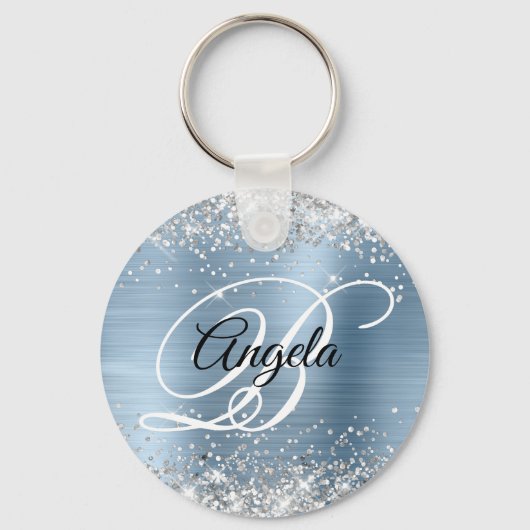 Zilveren Glitter Lichtblauwe Folie Fancy Monogram Sleutelhanger (Voorkant)