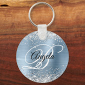 Zilveren Glitter Lichtblauwe Folie Fancy Monogram Sleutelhanger (Voorkant)