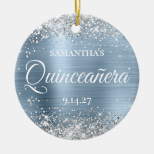 Zilveren Glitter Lichtblauwe Quinceañera Foto Keramisch Ornament