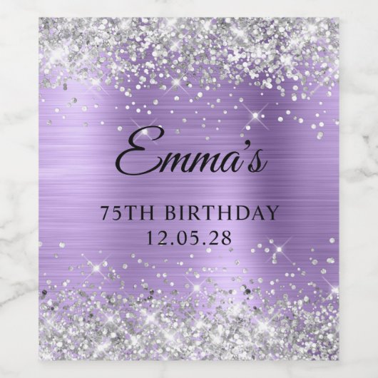 Zilveren Glitter Lichte Paarse Folie 75e Verjaarda Wijn Etiket (Enkel label)