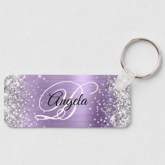 Zilveren Glitter Lichte Paarse Folie Fancy Monogra Sleutelhanger (Voorkant)