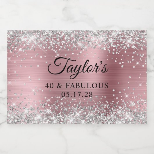Zilveren Glitter Lichtroze Folie 40 & Fabulous Sparkling Wijnetiket (Enkel label)
