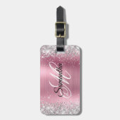 Zilveren Glitter Lichtroze Folie Fancy Monogram Bagagelabel (Voorkant verticaal)