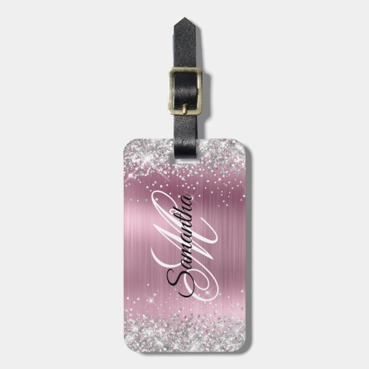 Zilveren Glitter Lichtroze Folie Fancy Monogram Bagagelabel (Voorkant verticaal)