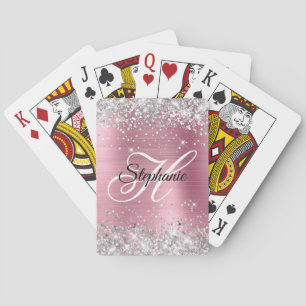 Zilveren Glitter Lichtroze Folie Fancy Monogram Pokerkaarten