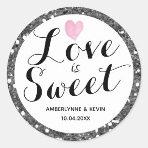 Zilveren Glitter Liefde is Zoet Ronde Sticker