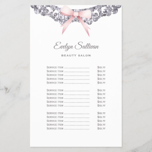 Zilveren glitter lijst roze boog prijslijst flyer (Voorkant)