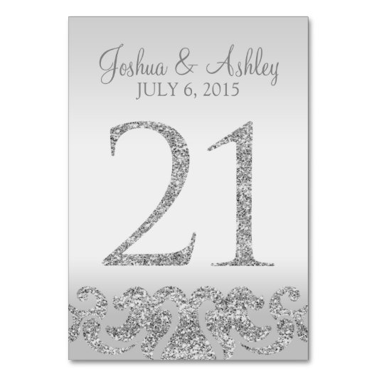 Zilveren Glitter Look Trouwtafel Numbers-21 Kaart (Voorkant)