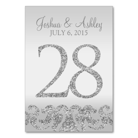 Zilveren Glitter Look Trouwtafel Numbers-28 Kaart (Voorkant)
